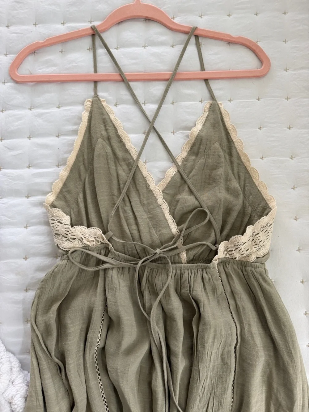 Wishlist Olive Green Maxi Dress with Cream Lace Trim - Picture 2 of 5